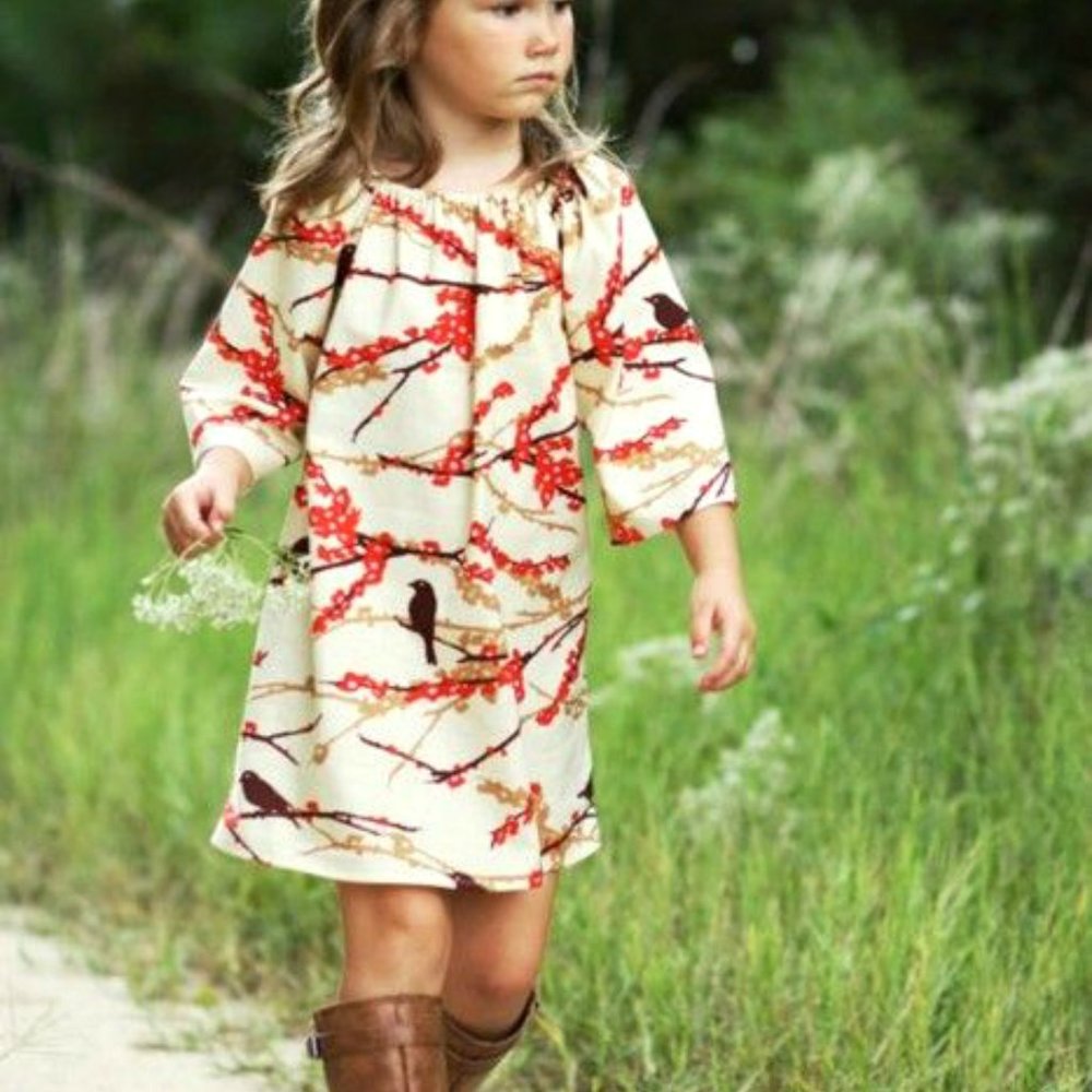 Girls Kids Fall Belted Dress Orange Brown Sparrow Branches Thanksgiving Size 4